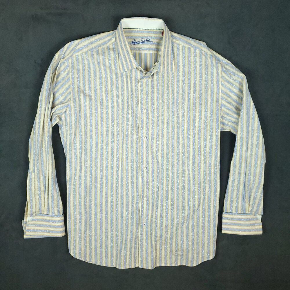 Robert Graham Men's 2XL Shirt Long Sleeve Flip Cuff Blue Yellow Stripe Button Up